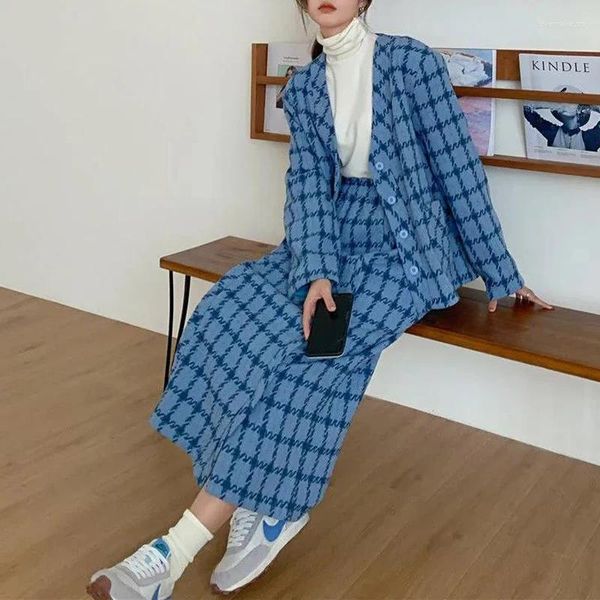 Arbeit Kleider 2023 Frühling Herbst Koreanische Frauen 2 Stück Set Plaid Lose Blazer Midi Rock Büro Dame Anzug Outfits Chic elegante Sets