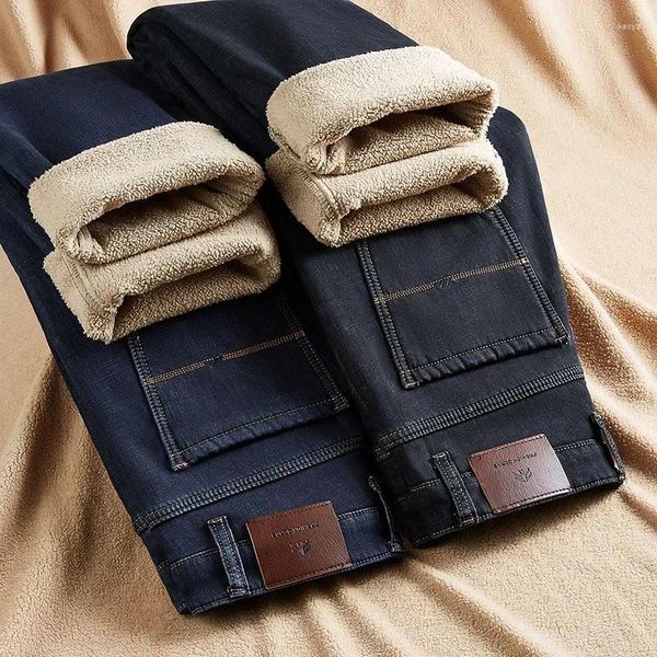 Jeans da uomo 2023 inverno spesso pile di agnello moda caldo casual business stile classico pantaloni in denim di marca maschile