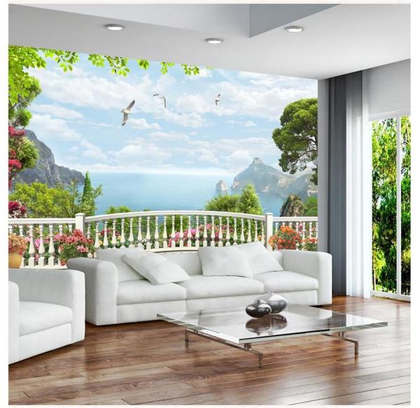 Sfondi Personalizzati 3d Po Carta da parati Murales Stile europeo Finestra Balcone Mare Murale TV Sfondo Decorazioni per la casa