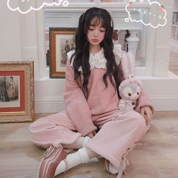 Damenpullover Prinzessin Sweet Lolita Pullover Herbst- und Wintermode Frauen Rosa Zartes Alter Langes Haar Große Wolle T1681