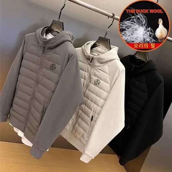 Giacche da uomo Piumino Uomo Donna Abbigliamento da golf Moda Splice Cappotto allentato con cappuccio Coppia Sport casual Corea White Duck Wear 231118