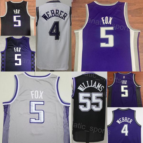 Takım Basketbol Deaaron Fox Jersey 5 Man City Kazandı Jason Williams 55 Chris Webber 4 Vintage Retro Tüm dikişli klasik simge saf pamuk gömlek en iyi kalite satış