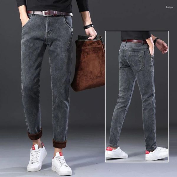 Jeans masculinos cinza outono inverno plush engrossado calças jeans slim fit elástico moda diária marca reta