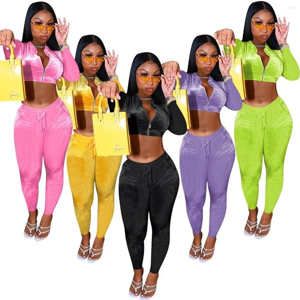 Damen zweiteilige Hose Samt Trainingsanzug Herbstkleidung für Damen Casual Sport Fitness Reißverschluss Langarm Crop Top Set Jogging Femme