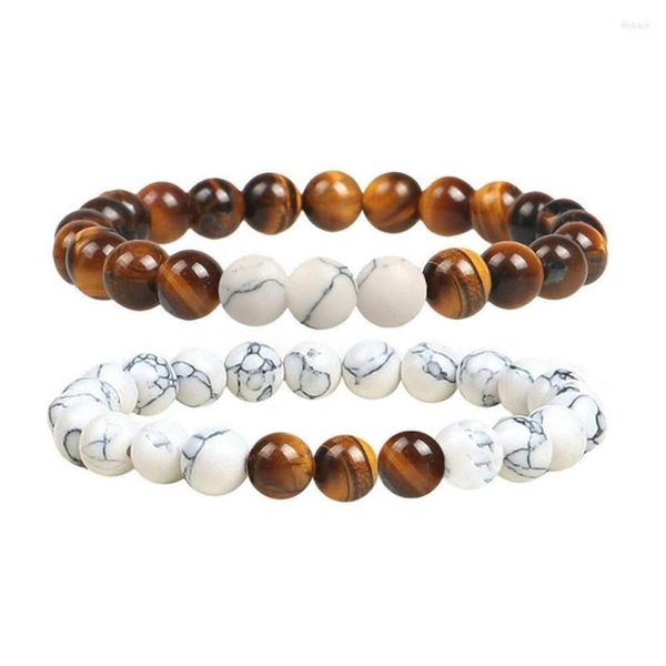 Strand 2 PCs Terra feita à mão White uivo redondo miçangas de pulseira elástica Tigre Eye Stone para jóias de presente