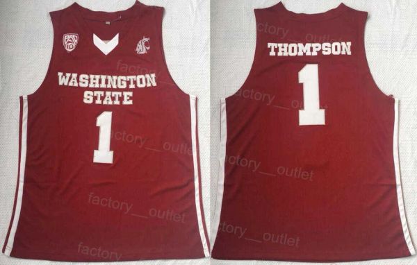 NCAA College Basketball 1 Klay Thompson Trikot Washington State Cougars University für Sportfans, atmungsaktiv, Team-Rot, komplett genähtes Oberteil