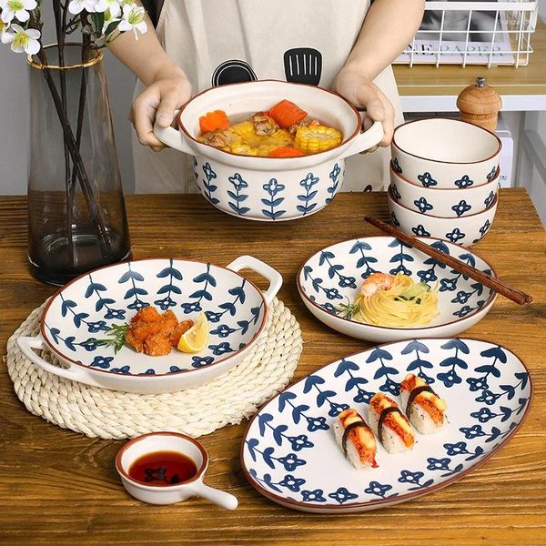 Pratos estilo japonês e coreano retro pequena flor azul cerâmica talheres tigela de arroz prato sopa molho restaurante doméstico
