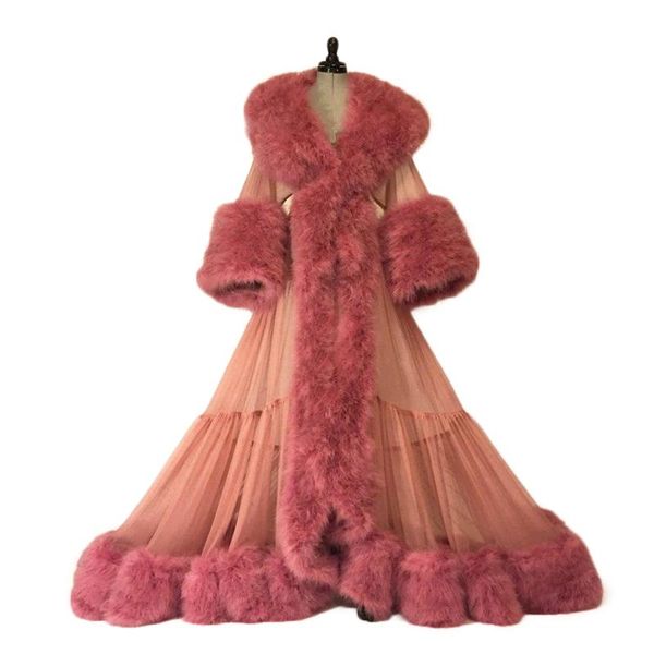 Pigiama da donna in pelliccia di lusso abito da notte in tulle increspato abiti da sposa chic invernale con scollo a V maniche lunghe pigiama su misura