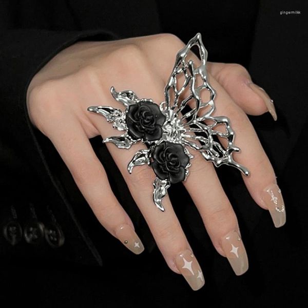 Rings de cluster Anel de animal ajustável vintage Punk Metal Black Rose Butterfly Abertura para mulheres Presente de jóias estéticas exageradas