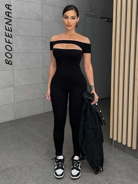 Kadın Tulumları Tulumcular Boofeenaa Black Bodycon Tulum İçi Boş Kesim Omuz Sportif Seksi Tek Parça Kıyafet Kadınlar İçin Yaz Kıyafetleri 2023 C85-BH21 P230419