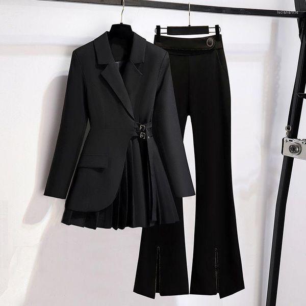 Damen zweiteilige Hosen Frühling Herbst Damen Arbeitskleidung lange dünne Blazer Flare 2 Set koreanische Bürodame anmutige Jackenhose