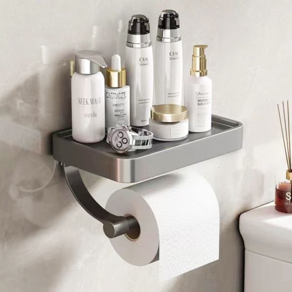 Tuvalet kağıdı tutucular tırnak ücretsiz gri alüminyum duvara monte banyo aksesuarları wc dekor depolama rafı 230419