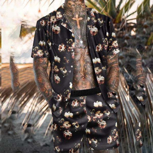 Tute da uomo Summer Beach Fashion Flower Print Set da due pezzi per uomo Camicia a maniche corte Pantaloncini Abiti da uomo casual hawaiano 230420