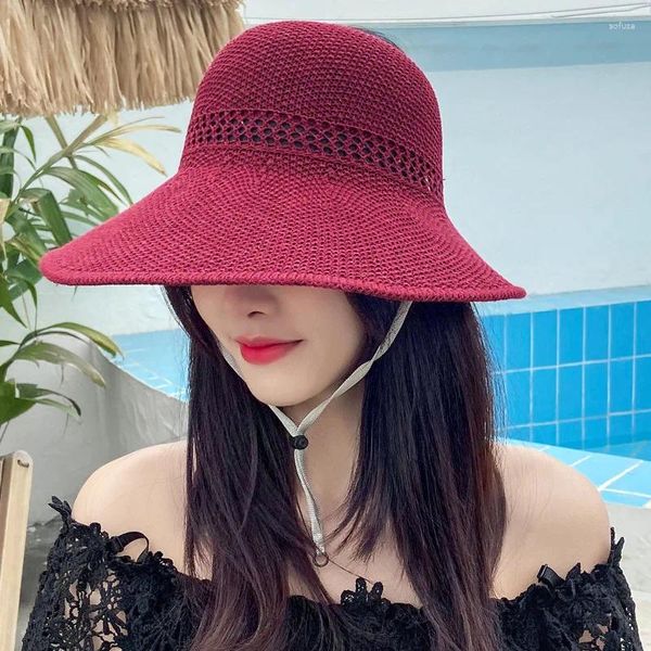Cappelli a tesa larga Lady Summer Sun Travel Beach Protezione UV Cappello di paglia con papillon lavorato a maglia Top vuoto grande per ragazze