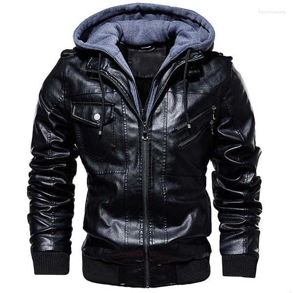 Herrenjacken Marke Kapuzenjacke Herren Herbst Winter Street Gothic Punk Hut abnehmbarer Motorrad Biker Herren lässig PU Ledermantel