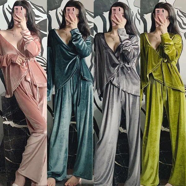 Mulheres sleepwear abstinência estilo pijama outono e inverno ouro veludo japonês quimono sexy manga comprida casa desgaste conjunto de duas peças