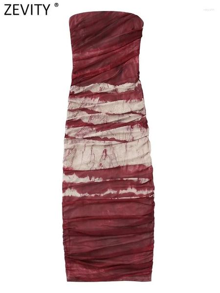 Vestidos Casuais Zevity Mulheres Sexy Strapless Patchwork Tinta Pintura Impressão Slim Midi Vestido Feminino Chic Back Zipper Plissado Design Vestidos