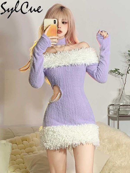 Vestidos de festa lã roxa outono inverno novas tendências brilhantes belas e quente e maduro encantador feminino sexy feminino feminino vestido 230322