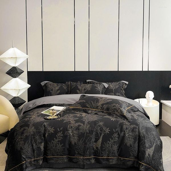 Set di biancheria da letto Set di cotone egiziano stampato digitale nero di lusso Copripiumino Lenzuolo con angoli Federe Tessili per la casa