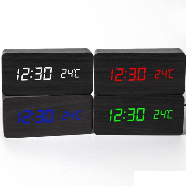 Orologi da tavolo da scrivania Sveglia quadrata a LED in legno Orologio da tavolo Controllo vocale Digitale in legno Despertador Desktop elettronico Usb/Aaa Powere Dhnsw