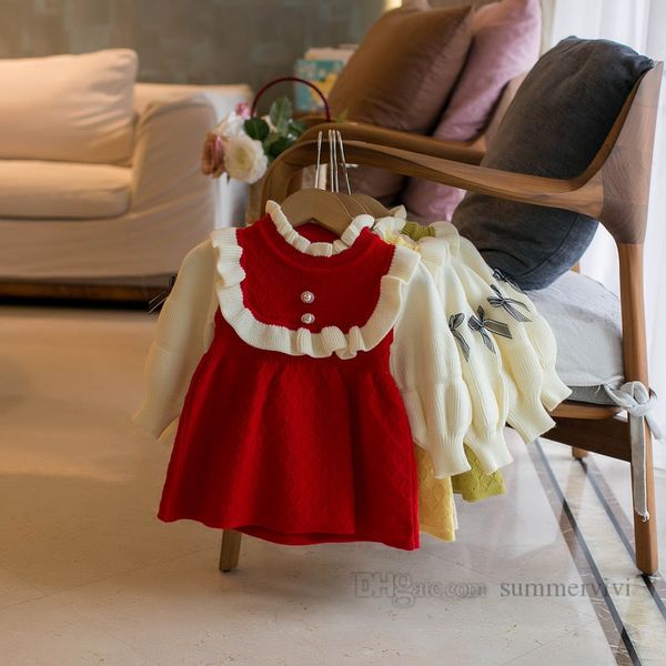 Трикотажные платья-свитера в стиле пэчворк для маленьких девочек, детские платья с рюшами и воротником с бантами, платье с пышными рукавами, детская одежда принцессы Z5489
