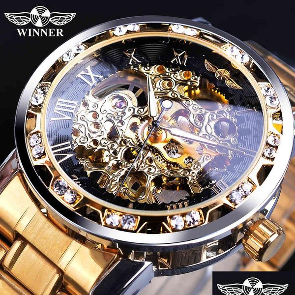 Наручные часы Победитель Золотые часы Классические часы со стразами Римские аналоговые мужские часы-скелетоны Механические часы из нержавеющей стали Ban Dhgarden Otp5S