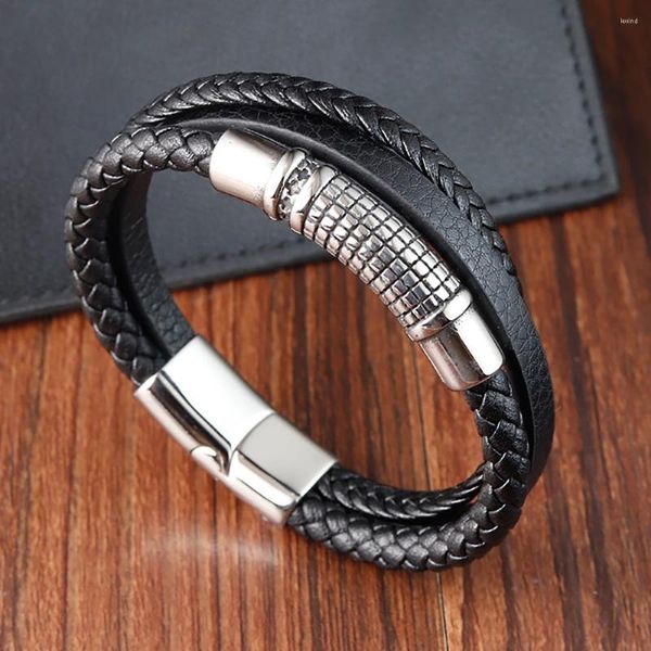 Link Armbänder Mode Edelstahl Charme Magnetische Schwarz männer Armband Leder Echte Geflochtene Armreifen Glück Party Schmuck Geschenk