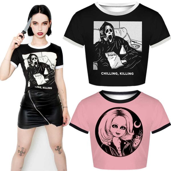 T-shirt feminina feminina Halloween Annabelle Cult of Chucky Scary Movie Costaly Venha Tshirt Manga curta Casual Roupas Top Summer Moda Z0418