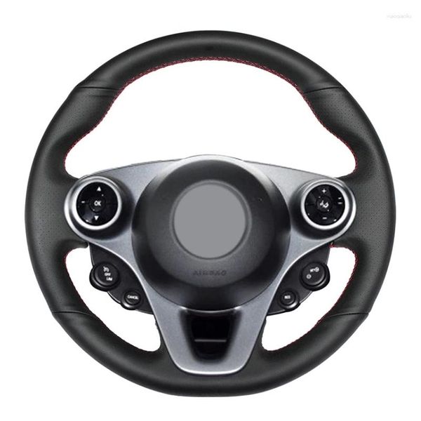 Capas de volante costuram à mão preto pu couro artificial capa de carro para smart fortwo forfour 2023-2023