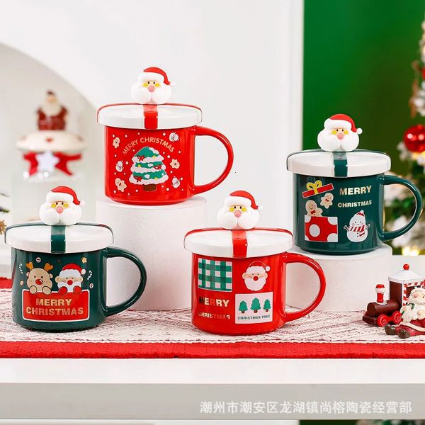 Tassen Weihnachten Keramik Becher Kreative Nette Kaffee mit Deckel Löffel Dekoration Trinkbecher Milch Drinkware Jahr Geschenk 231120