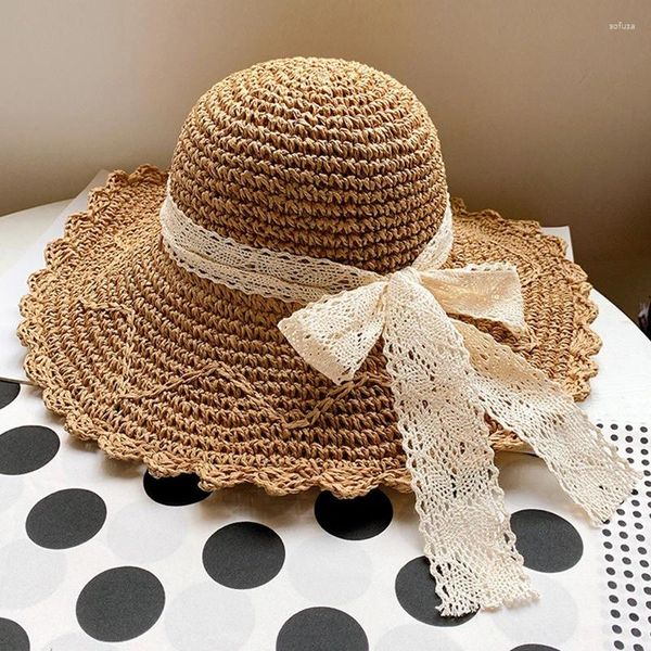 Chapéus de borda larga 2023 mulheres balde de verão dobrável laço arco crochê chapéu de palha panamás proteção uv grande viseira de sol praia