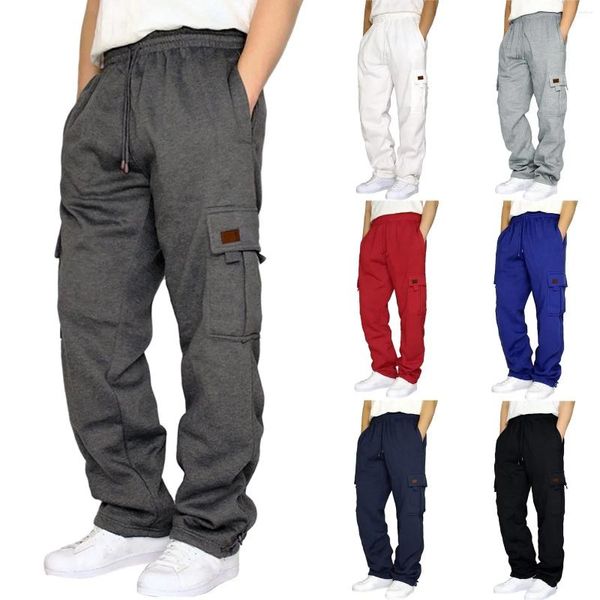 Calças masculinas 2023 outono sweatpants homens multi-bolsos elástico cordão casual pista calça masculina solta calças retas lã
