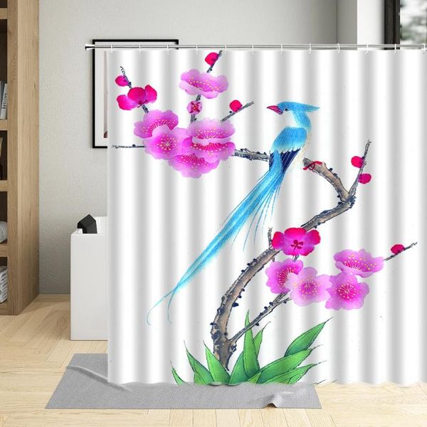 Cortinas de chuveiro estilo chinês colorido florescendo flor peônia pássaro animal cortina de poliéster tecido banho à prova d'água com 12 ganchos