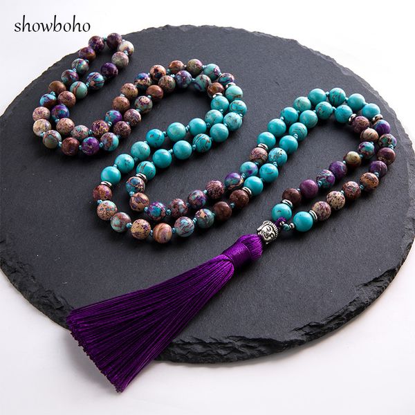 Fili Strings 8mm Natural Turquoise Violet Imperal Jaspers Perline annodato 108 Japamala Collana Meditazione Yoga Tibetano Testa di Buddha Gioielli 230419