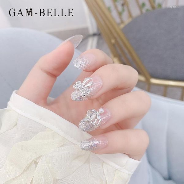 Faux ongles GAM-BELLE 24 pièces avec strass forme ovale français paillettes presse sur ongles artificiels complets outil de manucure