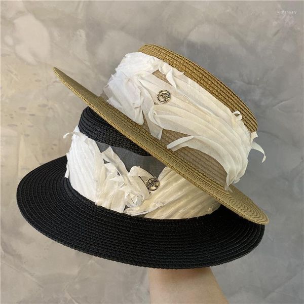 Chapéus largos de abrangência verão elegante retro mulheres chapas de palha de palha de renda de renda Caps Casual Casual Praia M Letra Capas de férias Sombrero Playa Mujer