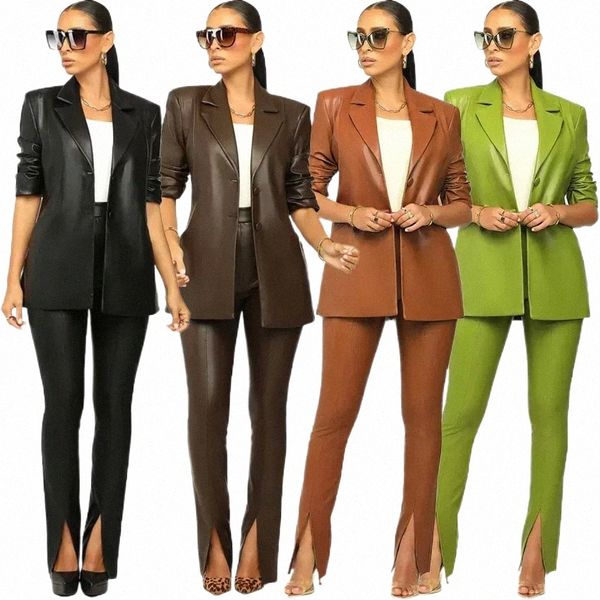 Damen Zweiteilige Hosen Echoine Solides PU-Leder Umlegekragen Blazer Hosen Zweiteiliges Set Plissee Halbarmtasche Formal Business OL Büro Blaze 24JF#