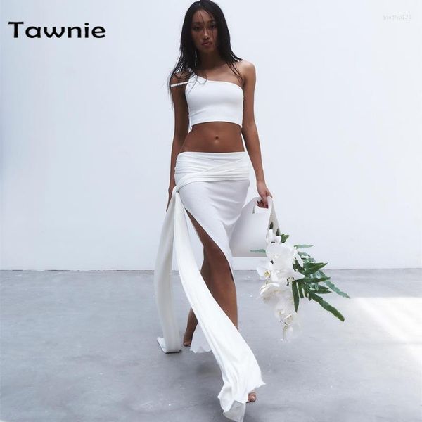 Vestidos de trabalho Tawnie White Bodycon Mulheres Vestido 2 Peças Conjunto Sexy Um ombro Tampa de Cultura Com Bandagem High Slit Maxi Saias Combinantes Conjuntos Combinantes