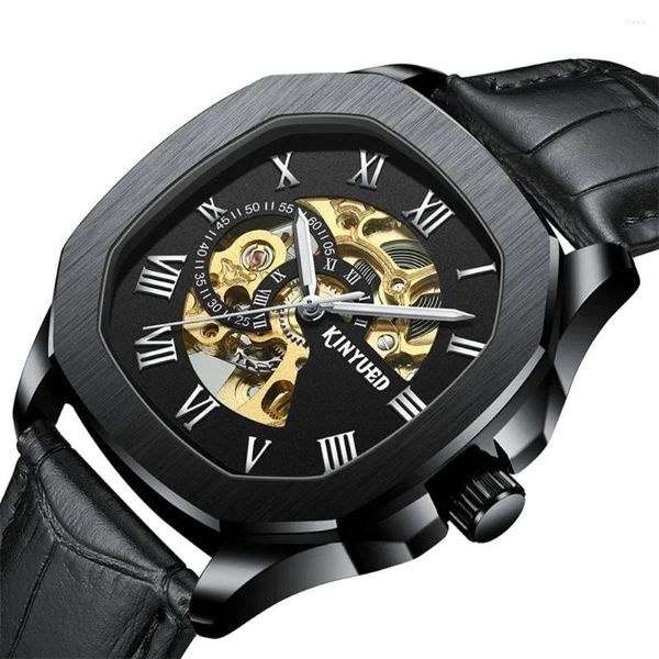 Armbanduhren Ausgehöhlte mechanische Armbanduhr Uhr Männer Automatische quadratische leuchtende transparente Skelett Leder männliche Uhr 2023