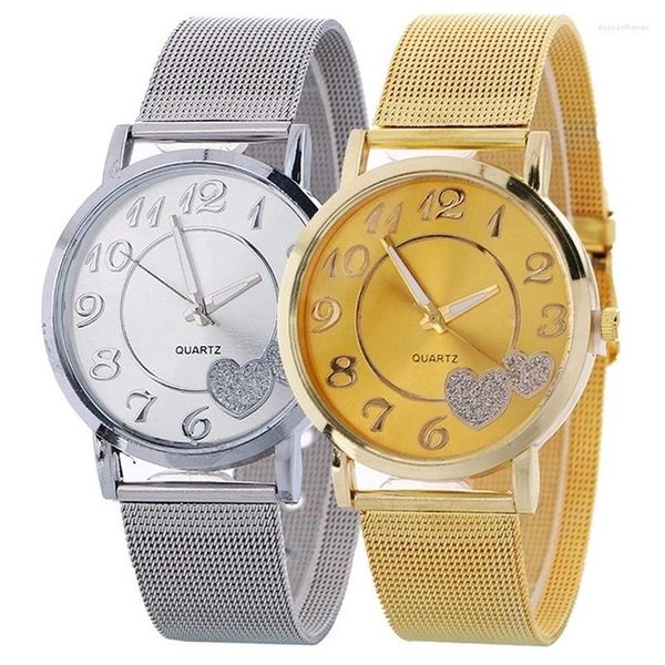 Orologi da polso Orologi da donna di moda Orologio al quarzo con motivo a doppio cuore di lusso per uomo Orologio con cinturino in maglia di acciaio inossidabile