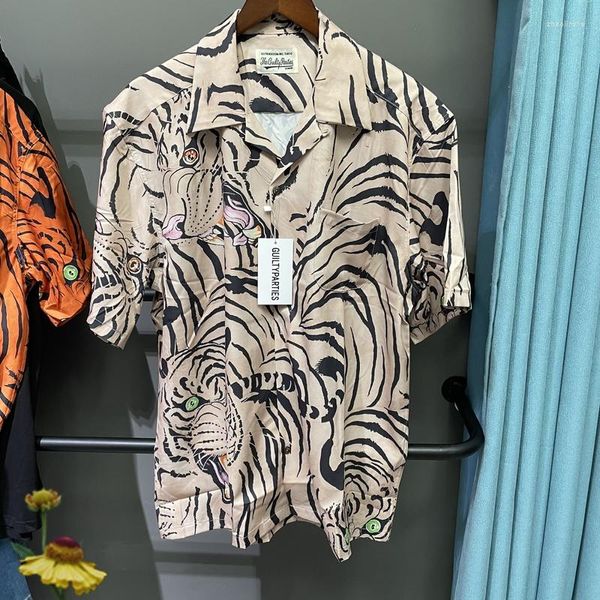 Camisetas masculinas wacko maria masculina roupas tigre havaiano camisa curta camisa moda de moda vestido um dia navio fora