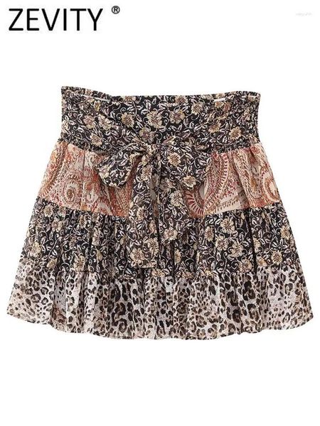 Saias Zevity Mulheres Moda Leopardo Floral Patchwork Impressão Pregas Mini Saia Faldas Mujer Feminino Chic Elastic Bow Amarrado Vestidos QUN5256