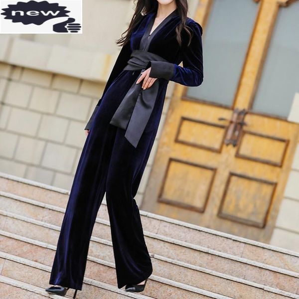 Damen Jumpsuits Strampler Frauen V-Ausschnitt Mode Overall Hohe Taille Samt Elegante Bürodame Langarm Schärpen Schlank Streetwear Breites Bein