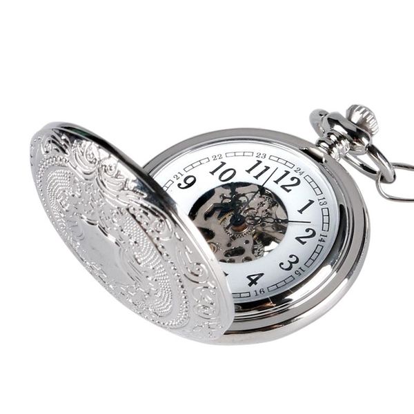 Taschenuhren Retro Silber Skelett Steampunk Mechanische Uhr mit Handaufzug und Kette für Herren Damen Relojes De BolsilloTaschenuhrenPocket