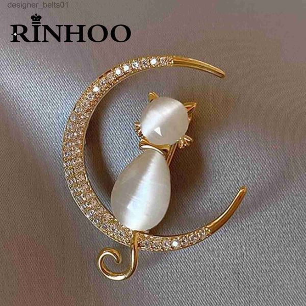 Pins Broches Rinhoo Bonito Gato Elegante Sentado Na Lua Broches Para Mulheres Dos Desenhos Animados Opala Pedra Zircão Gatinho Animal Casual Festa Corsage GiftL231120