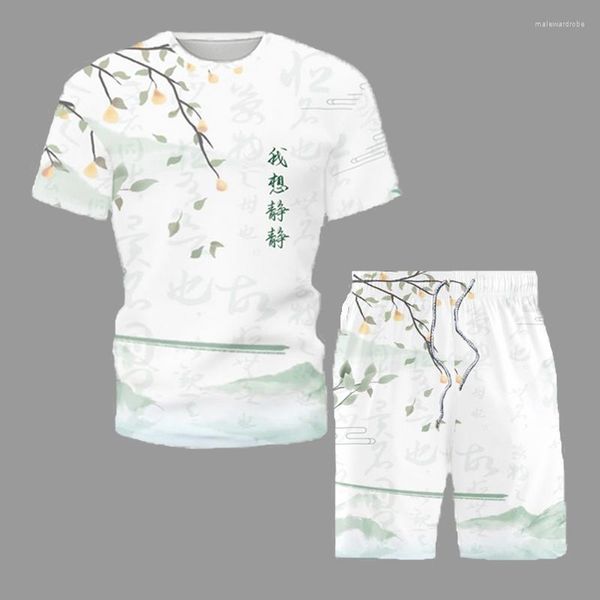 Herren Trainingsanzüge Sommer Casual Kurzarm Outfit Herren Sets Retro Chinesischer Stil Literal Print T-Shirt und Shorts Anzug Mode Mann Strand