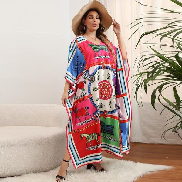 Menas de banho feminina Africana Loose Kuwait Blogger Recomenda a seda impressa Kaftan maxi vestidos de verão praia boêmio vestido longo para senhora