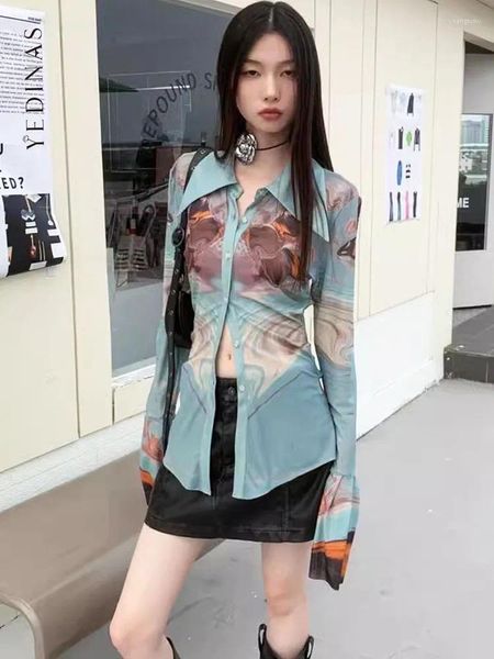 Damenblusen Yedinas Street Patchwork Bluse Frauen Langarm Mesh Tops Durchsichtig Chic 2023 Herbst Schlank Einzigartige Y2k Damen Shirts