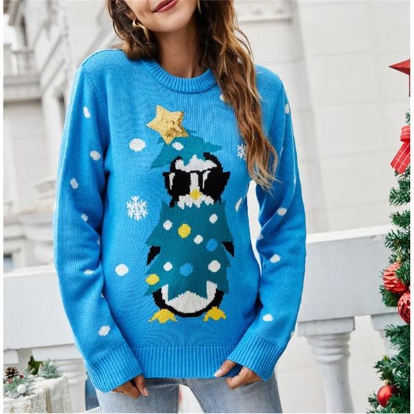 Damenpullover Kawaii Weihnachtspullover Strickpullover Pailletten Stern Top Cartoon Jacquard Pullover Langarm Jersey Trend Frauen Outfit