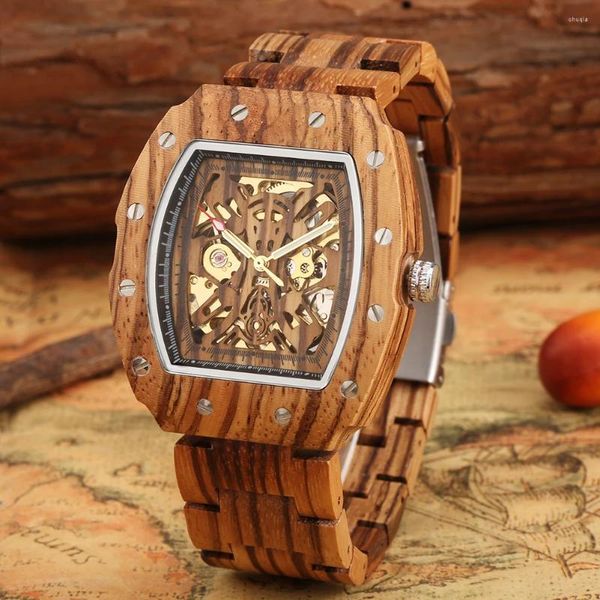 Orologi da polso da uomo Orologio in legno Display meccanico Orologi in legno per braccialetto Orologio da polso automatico Orologio maschile creativo Regalo di lusso Reloj